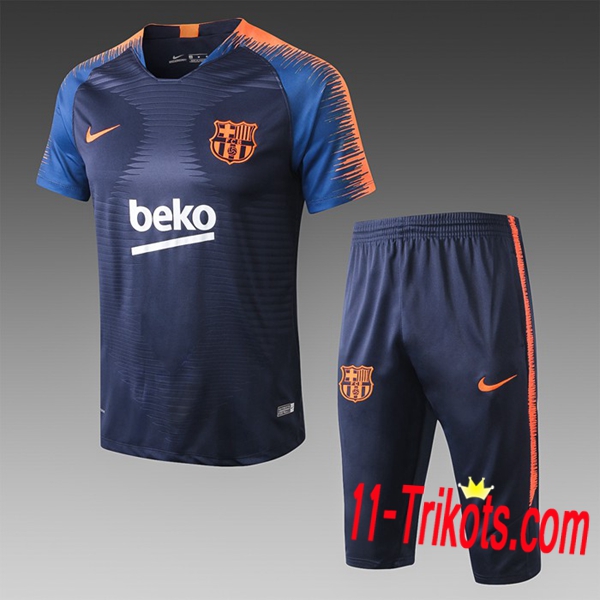 Neuestes Fussball Pre Match FC Barcelona Trainingstrikot + 3/4 Hose Orange/Dunkelblau 2019 2020 | 11-trikots