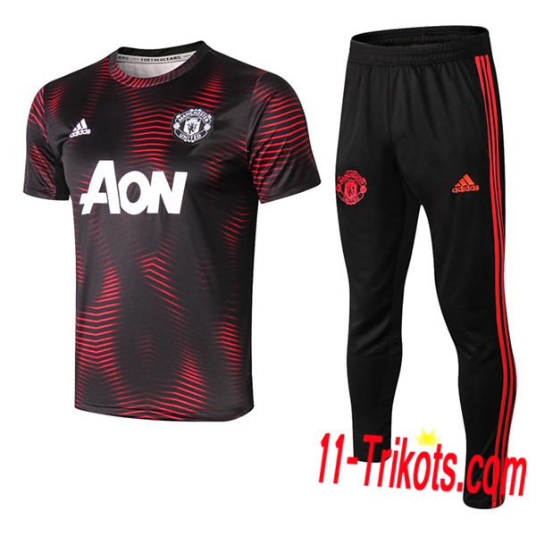 Neuestes Fussball Pre Match Training Manchester United Trainingstrikot + 3/4 Hose Rot/Schwarz 2019 2020 | 11-trikots